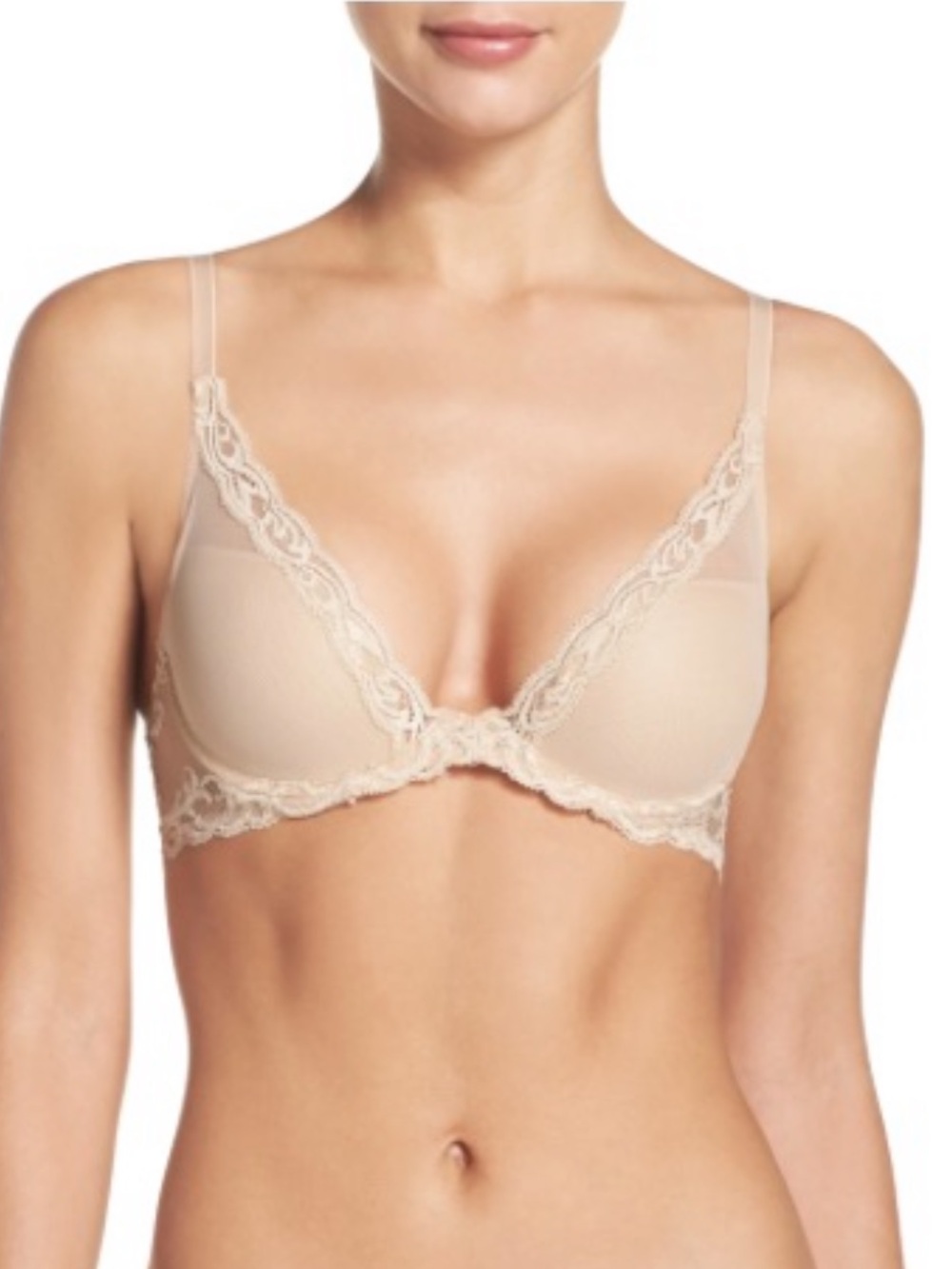 Natori Feathers Underwire Contour Nude Lace Trim Plunge Bra - SZ 36C